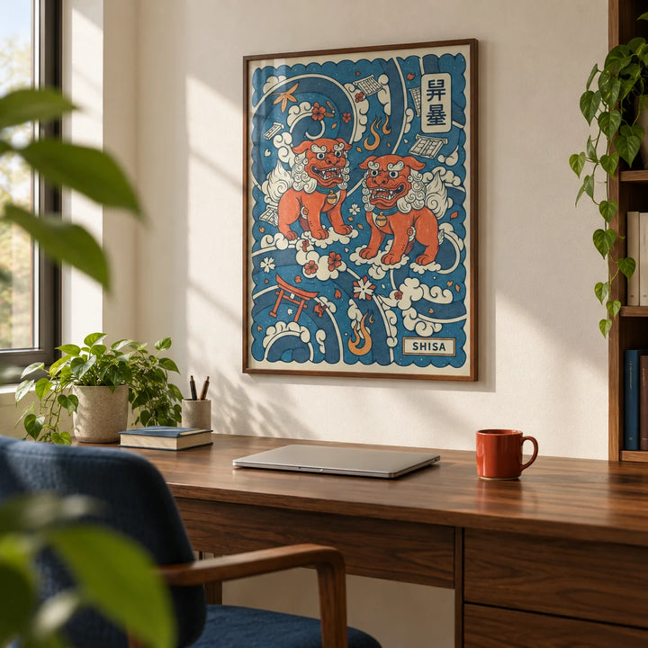 Shisa Art, framed on the wall of a calm home office with a warm white wall