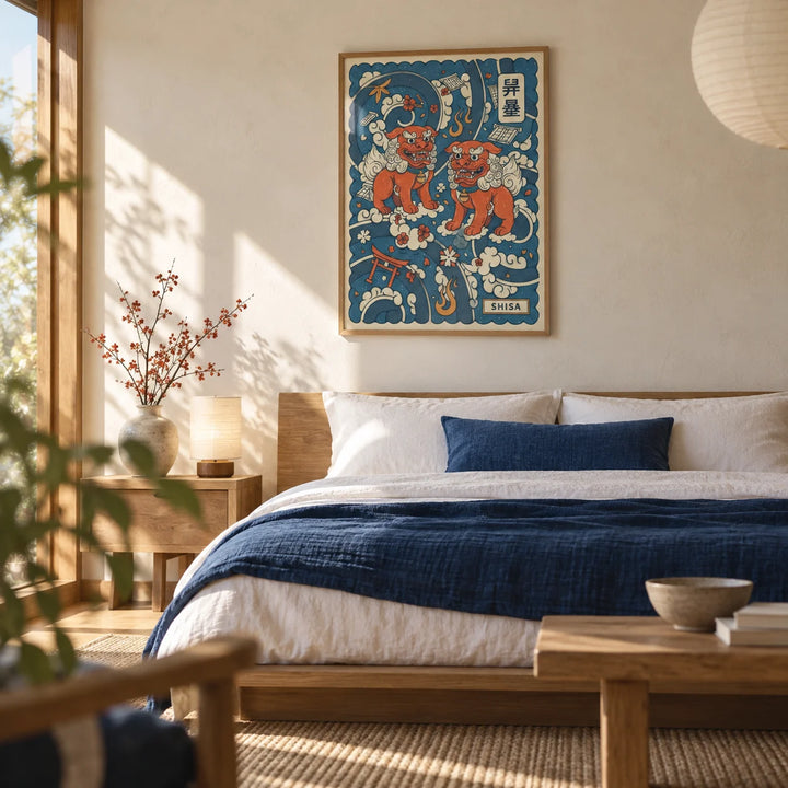 Shisa Art, framed on the wall of a calm Japanese-modern bedroom with a cream plaster wall