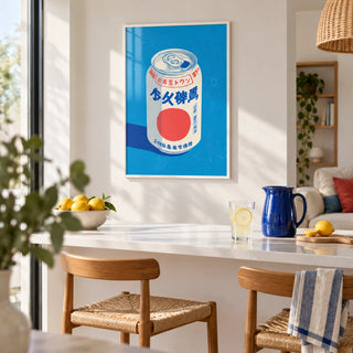 Japanese Soda Print, framed on the wall of a bright breakfast bar in an open-plan flat in a kitchen