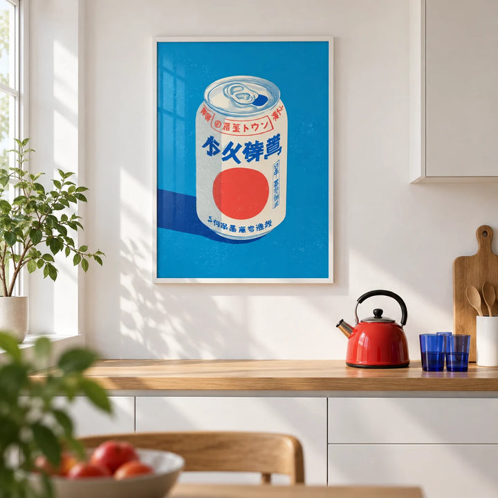 Japanese Soda Print, framed on the wall of a bright modern kitchen with plain white cabinets and a white wall
