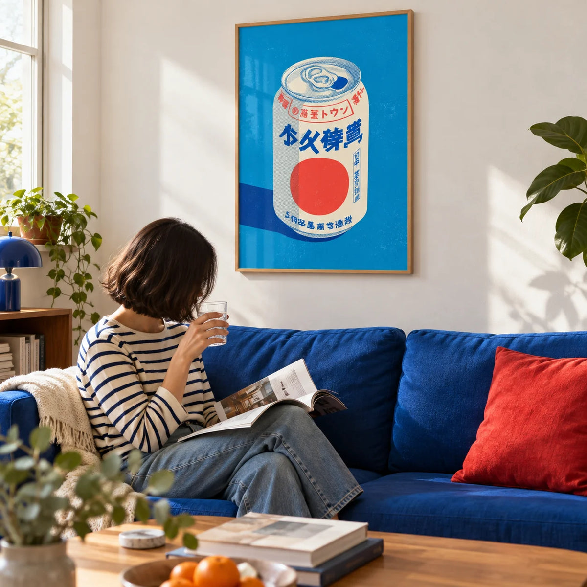 Japanese Soda Print, framed on the wall of a first-flat living room (20-28) with a white wall