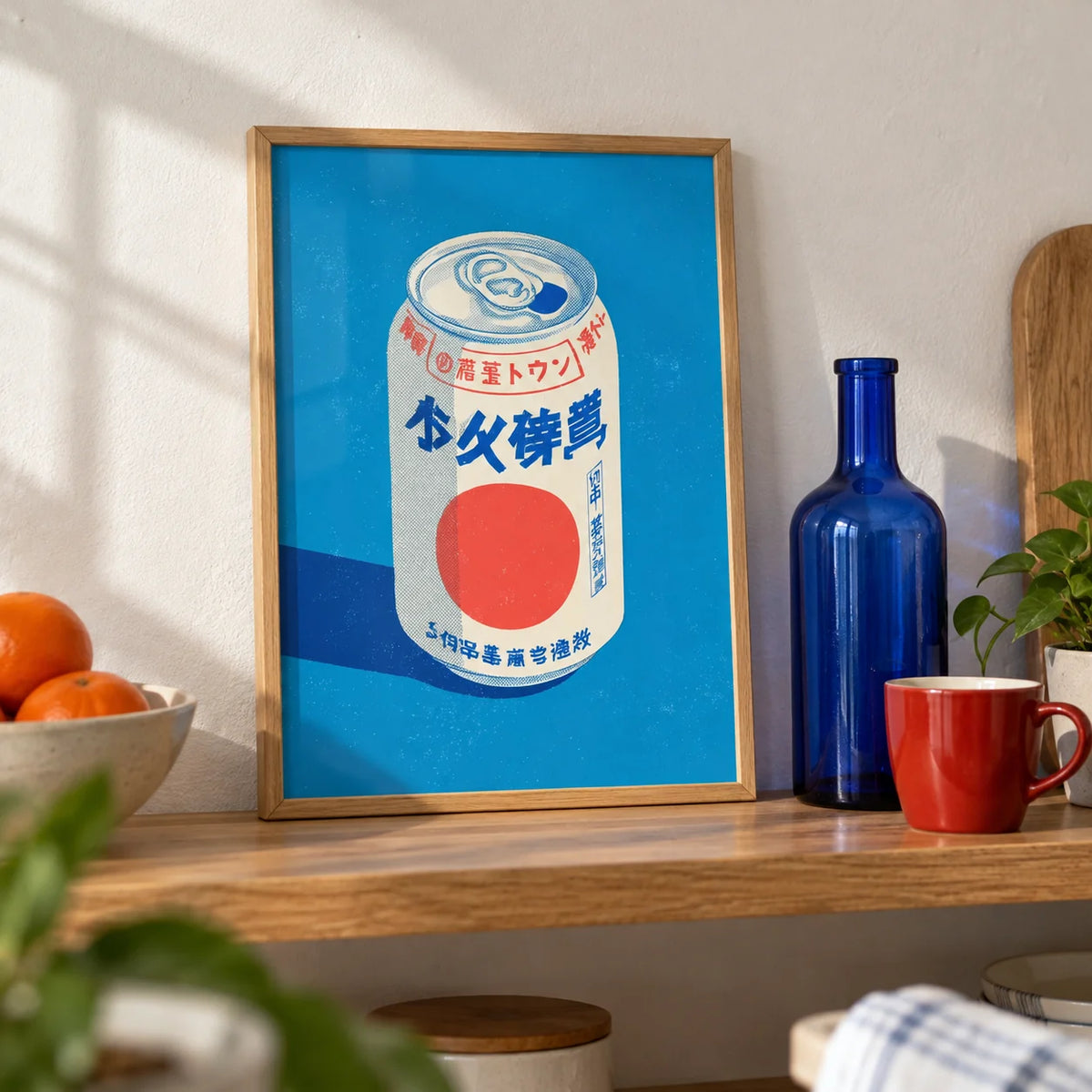 Japanese Soda Print, a small A4 framed print leaning on an oak kitchen shelf