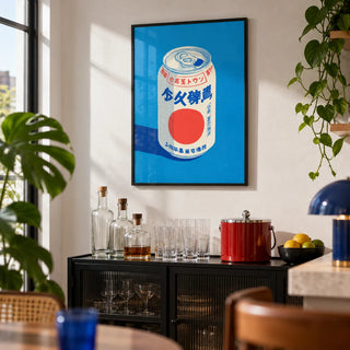 Japanese Soda Print, framed on the wall of a small home bar corner with a white wall in a living room