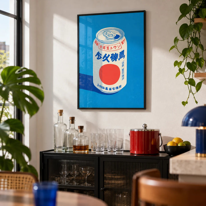 Japanese Soda Print, framed on the wall of a small home bar corner with a white wall in a living room