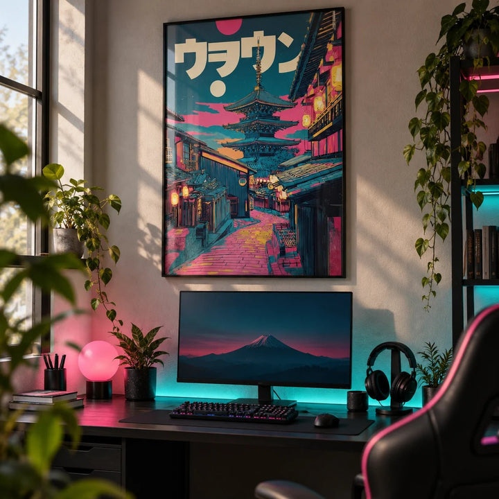 Japanese Street Art Prints, framed on the wall of a bedroom desk setup