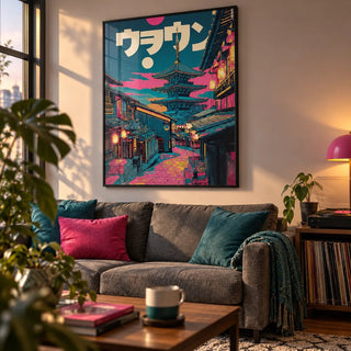 Japanese Street Art Prints, framed on the wall of a first-flat living room