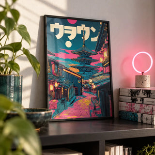 Japanese Street Art Prints, a small A4 framed print leaning on a black shelf in a living room