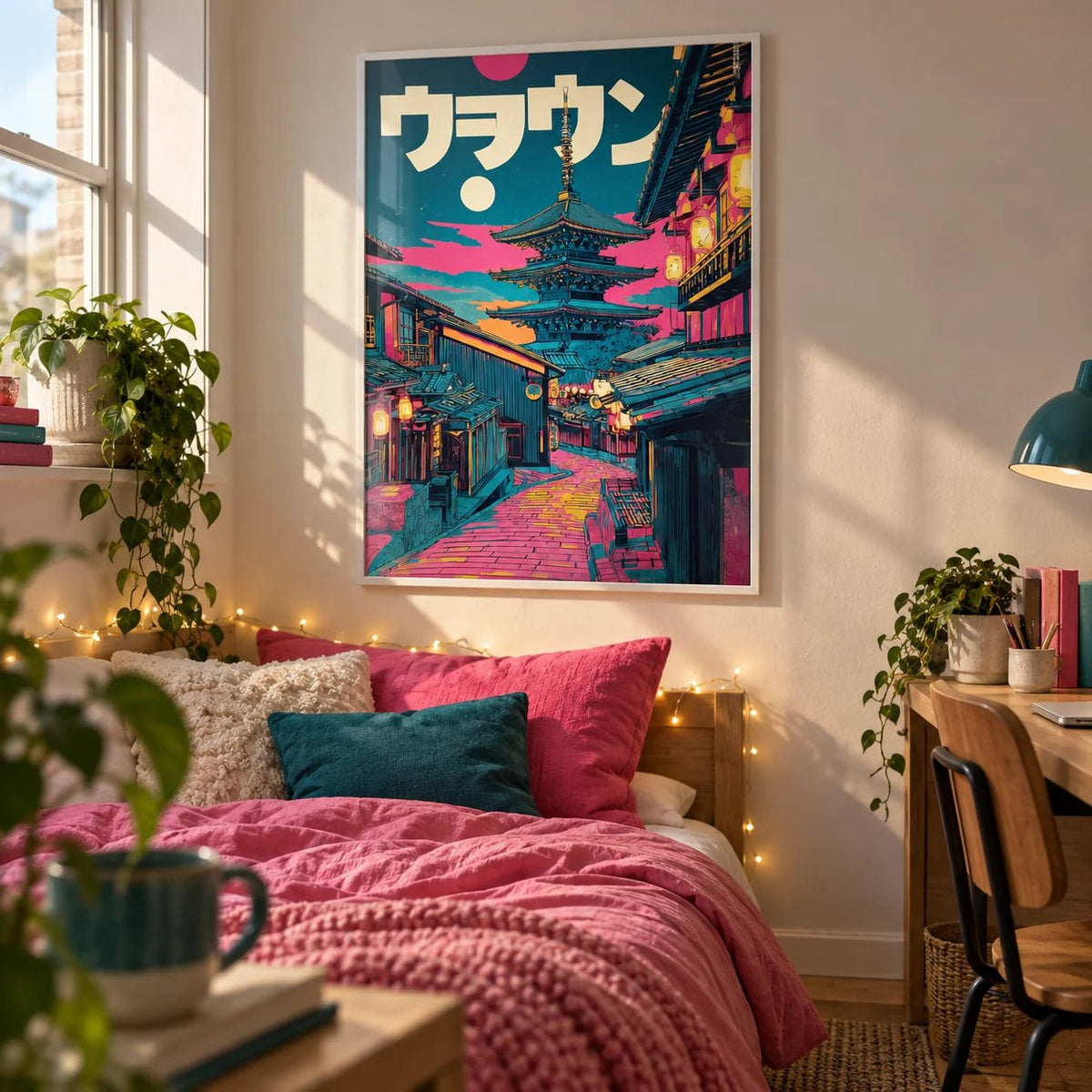 Japanese Street Art Prints, framed on the wall of a styled uni room in a bedroom