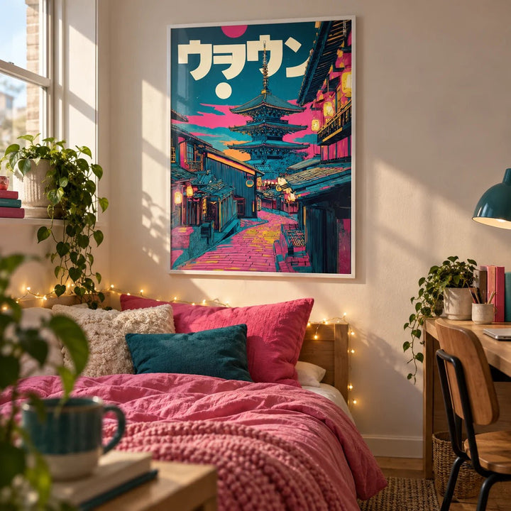 Japanese Street Art Prints, framed on the wall of a styled uni room in a bedroom