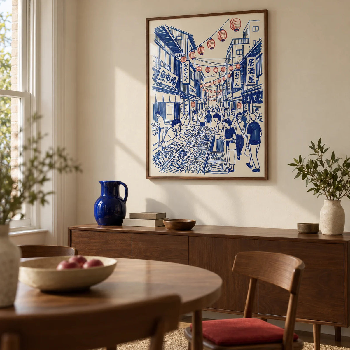 Japanese Street Market Art, framed on the wall of a compact dining room in a renovated UK terrace with a warm cream wall and walnut furniture