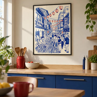 Japanese Street Market Art, framed on the wall of a contemporary kitchen in a UK first flat for a food-loving buyer aged 25-35