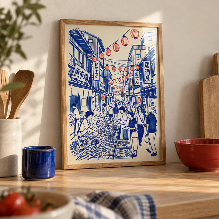 Japanese Street Market Art, a small A4 framed print leaning on a pale oak kitchen worktop