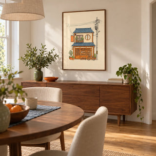 Japanese Style Art Print, framed on the wall of a calm dining room in a compact UK home with warm white walls