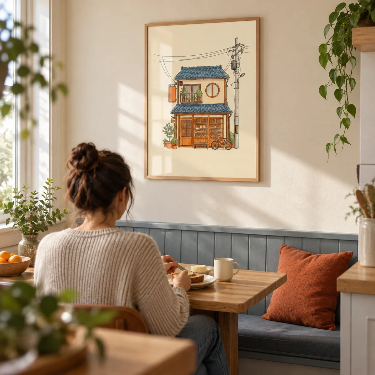 Japanese Style Art Print, framed on the wall of a cosy breakfast nook in a UK first flat for a couple aged 25-35 in a kitchen