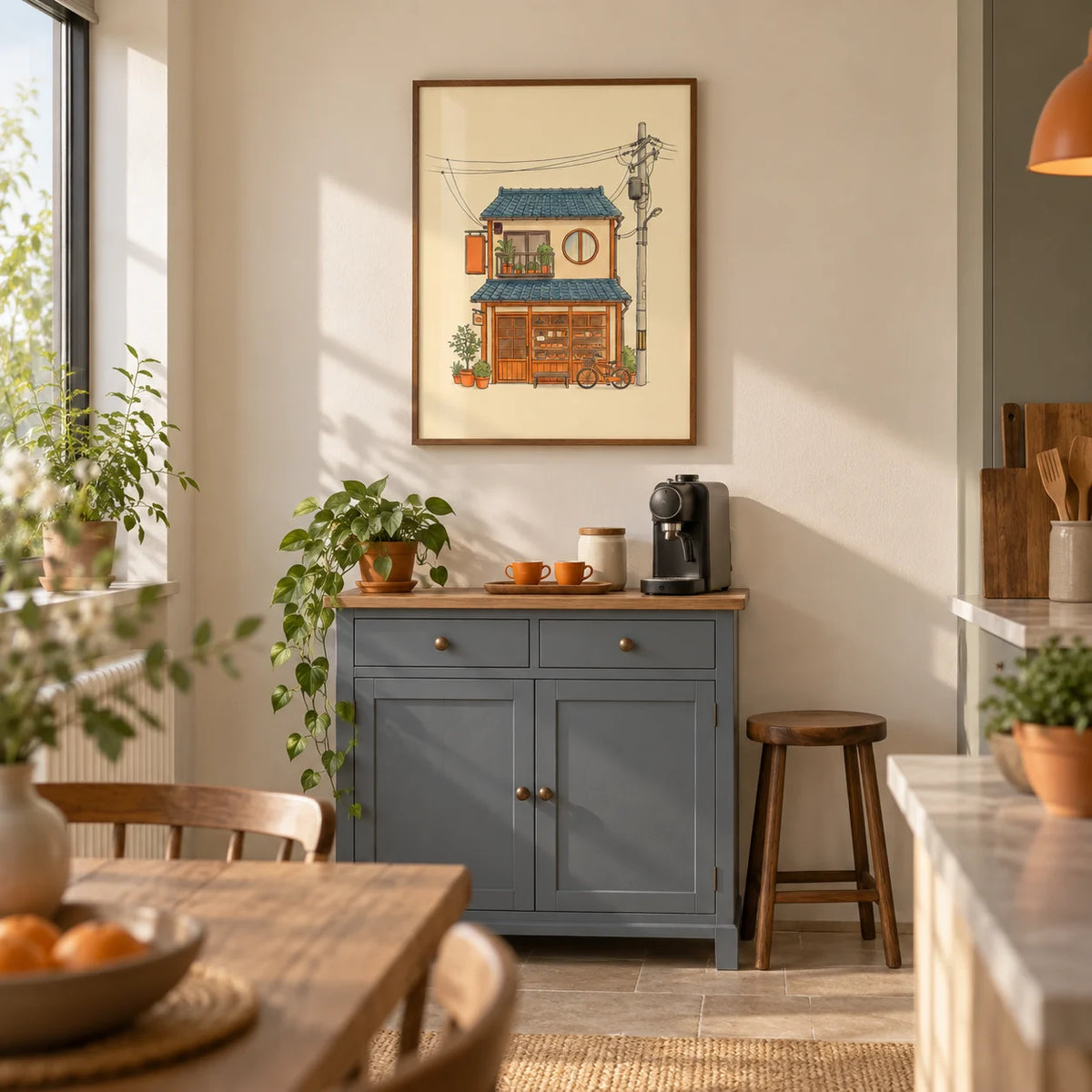 Japanese Style Art Print, framed on the wall of a dedicated coffee corner at one end of an open-plan UK kitchen-diner with a pale cream wall and a freestanding blue-grey cabinet