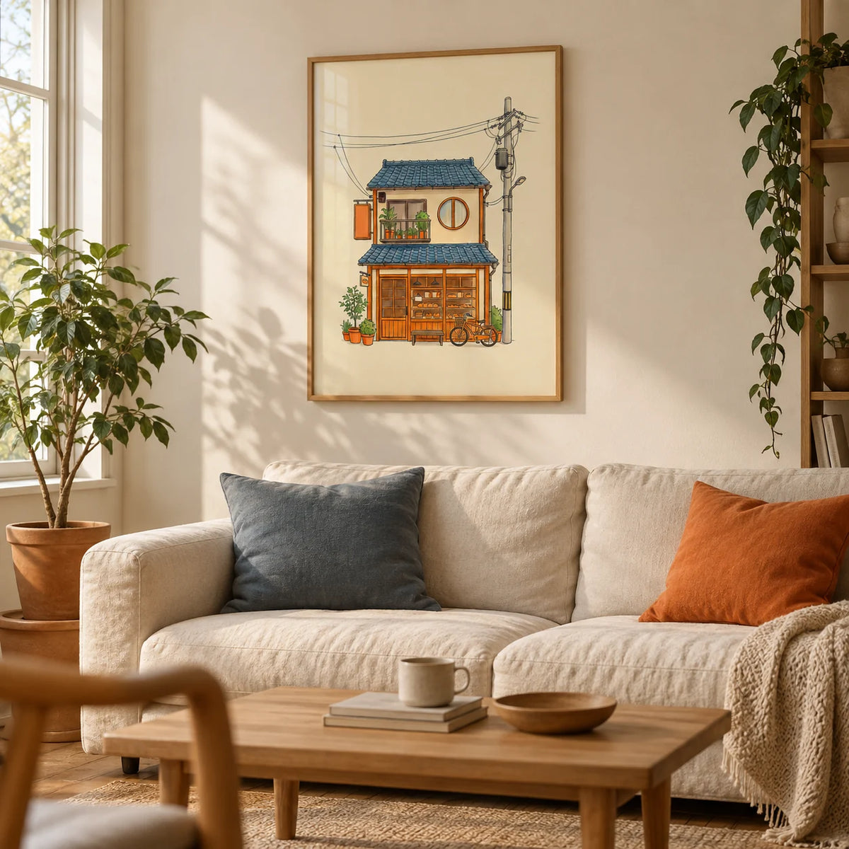Japanese Style Art Print, framed on the wall of a relaxed Japandi living room in a UK flat with warm cream walls