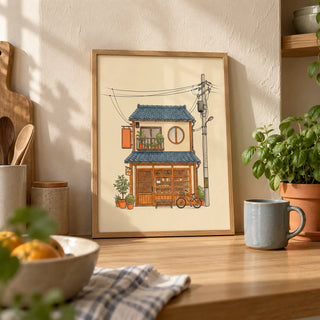 Japanese Style Art Print, a small A4 framed print leaning on a pale oak kitchen worktop
