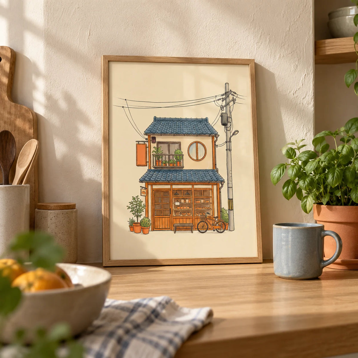 Japanese Style Art Print, a small A4 framed print leaning on a pale oak kitchen worktop