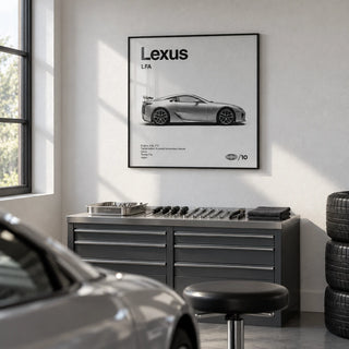 Japanese Supercar Poster, framed on the wall of a clean garage studio with a white wall and a grey floor in a home office