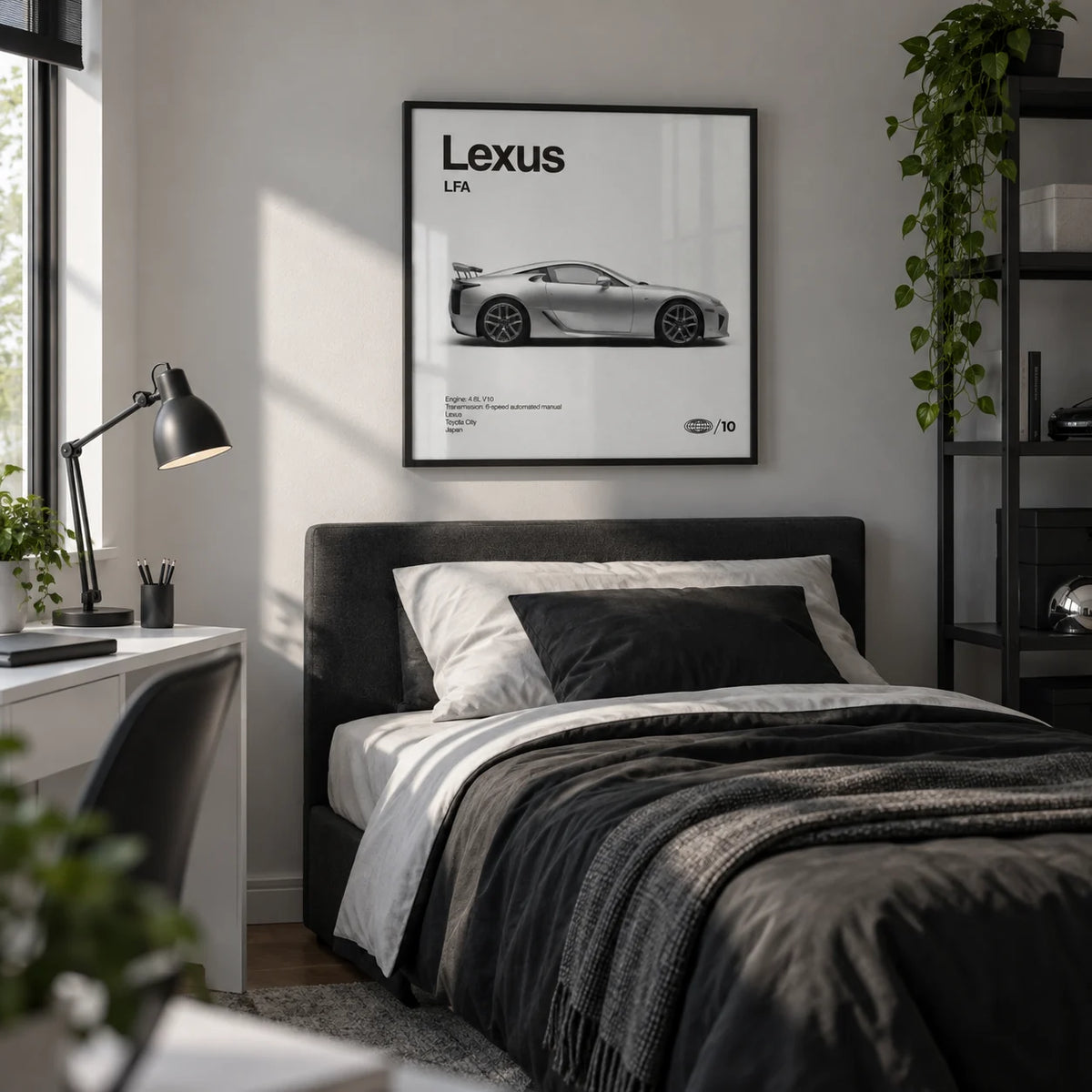 Japanese Supercar Poster, framed on the wall of a crisp teen boy's bedroom (13-17) with a pale grey wall