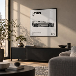 Japanese Supercar Poster, framed on the wall of a Japanese-minimal city flat living room with a warm grey wall