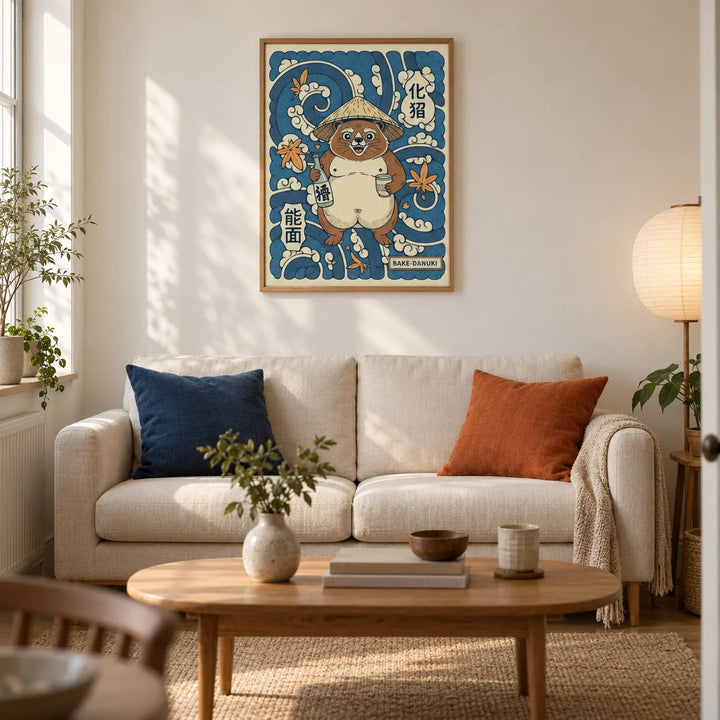 Japanese Tanuki Wall Art, framed on the wall of a Japanese-inspired living room in a UK first flat with warm white plaster walls and an oak floor