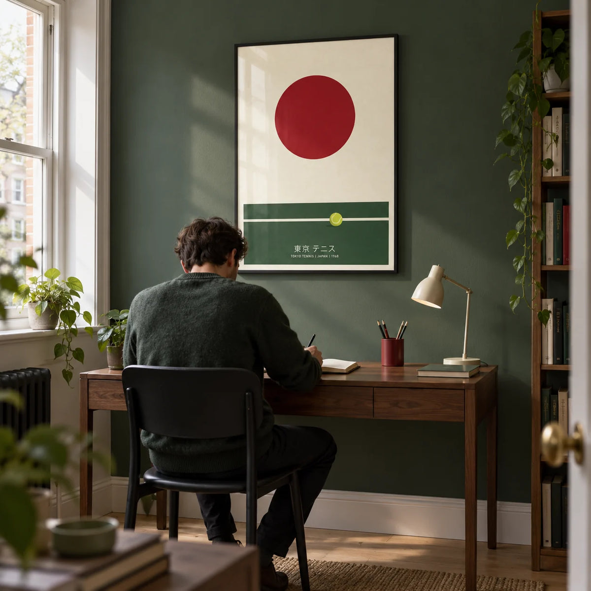 Japanese Tennis Art Print, framed on the wall of a compact modern home study in a UK flat with a muted forest green wall and pale oak flooring