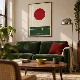Japanese Tennis Art Print, framed on the wall of a design-led living room in a young adult's first city flat (22-28)