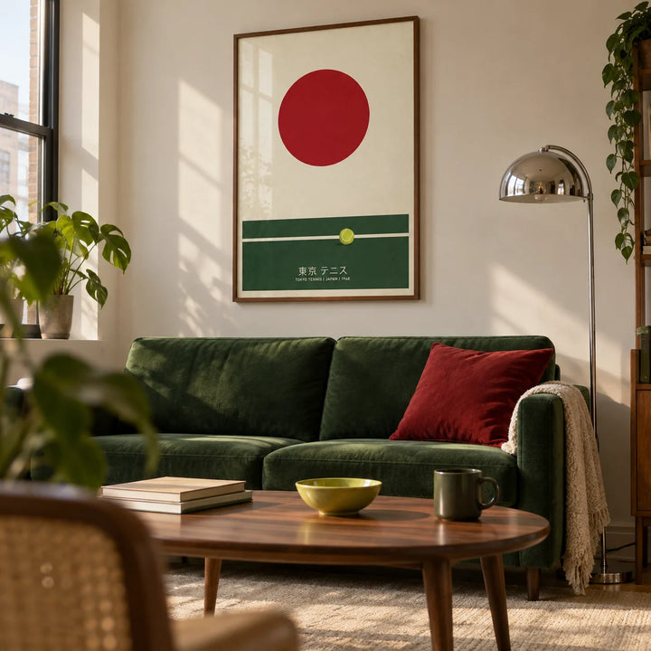 Japanese Tennis Art Print, framed on the wall of a design-led living room in a young adult's first city flat (22-28)