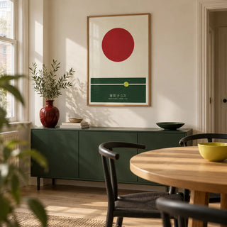 Japanese Tennis Art Print, framed on the wall of a modern dining nook in a UK maisonette with warm ivory walls and a pale oak floor