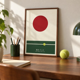 Japanese Tennis Art Print, a small A4 framed print leaning on a walnut desk