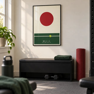 Japanese Tennis Art Print, framed on the wall of a small home exercise room in a converted UK spare room with ivory walls and a plain grey rubber floor