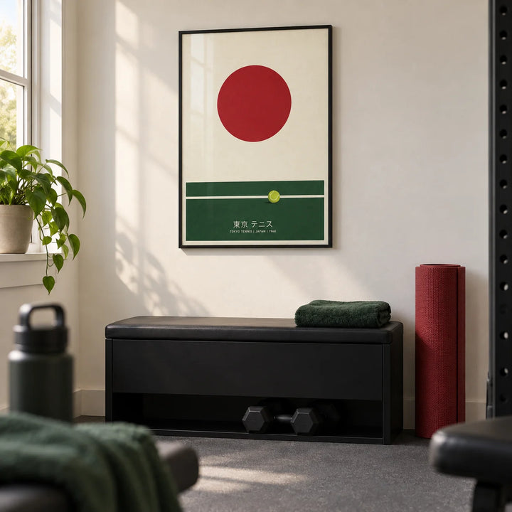 Japanese Tennis Art Print, framed on the wall of a small home exercise room in a converted UK spare room with ivory walls and a plain grey rubber floor