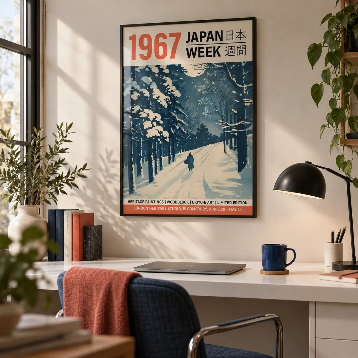 Japanese Textile Prints, framed on the wall of a design-led home office