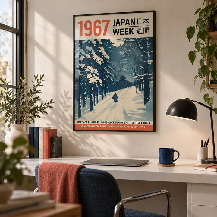 Japanese Textile Prints, framed on the wall of a design-led home office