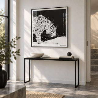 Japanese Tiger Art, framed on the wall of a crisp entrance hall with a white wall and a grey stone floor