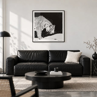 Japanese Tiger Art, framed on the wall of a design-led monochrome living room with a white wall and a polished concrete floor