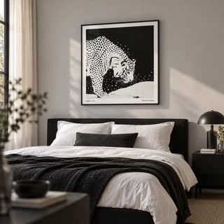 Japanese Tiger Art, framed on the wall of a modern bedroom with a light grey wall