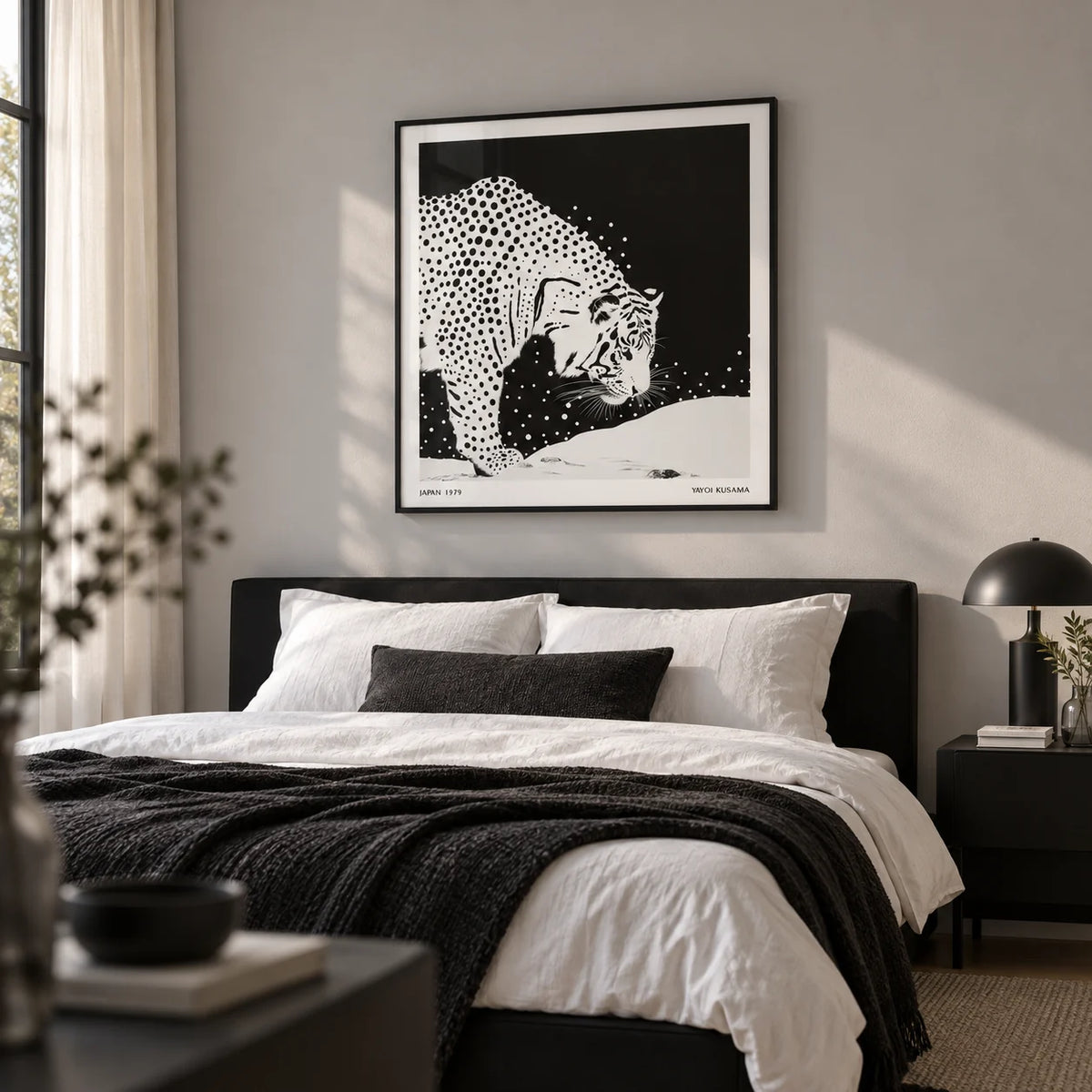 Japanese Tiger Art, framed on the wall of a modern bedroom with a light grey wall