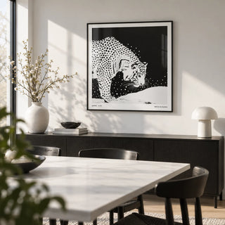 Japanese Tiger Art, framed on the wall of a modern dining room with a white wall