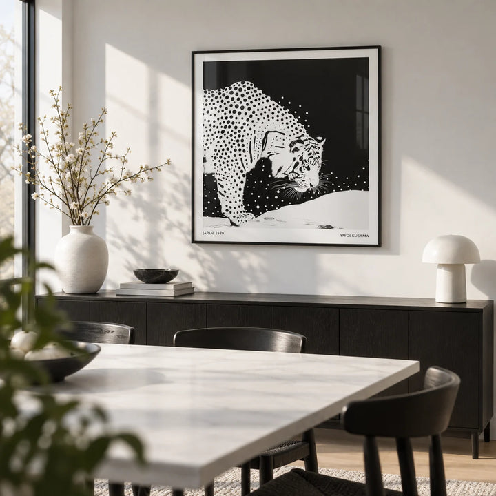 Japanese Tiger Art, framed on the wall of a modern dining room with a white wall