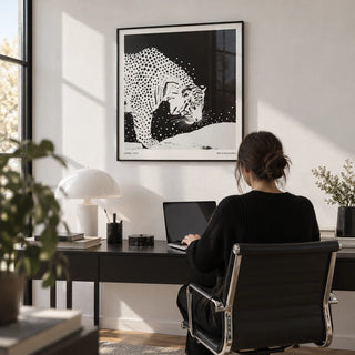 Japanese Tiger Art, framed on the wall of a sleek home office with a white wall