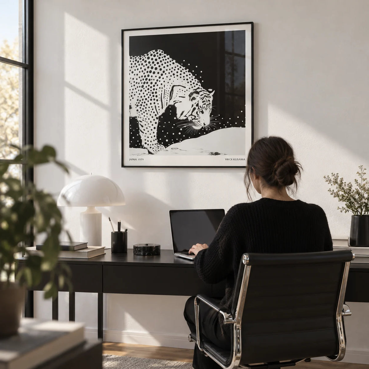 Japanese Tiger Art, framed on the wall of a sleek home office with a white wall