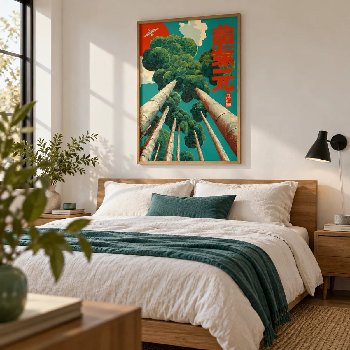 Japanese Tree Poster, framed on the wall of a crisp modern bedroom