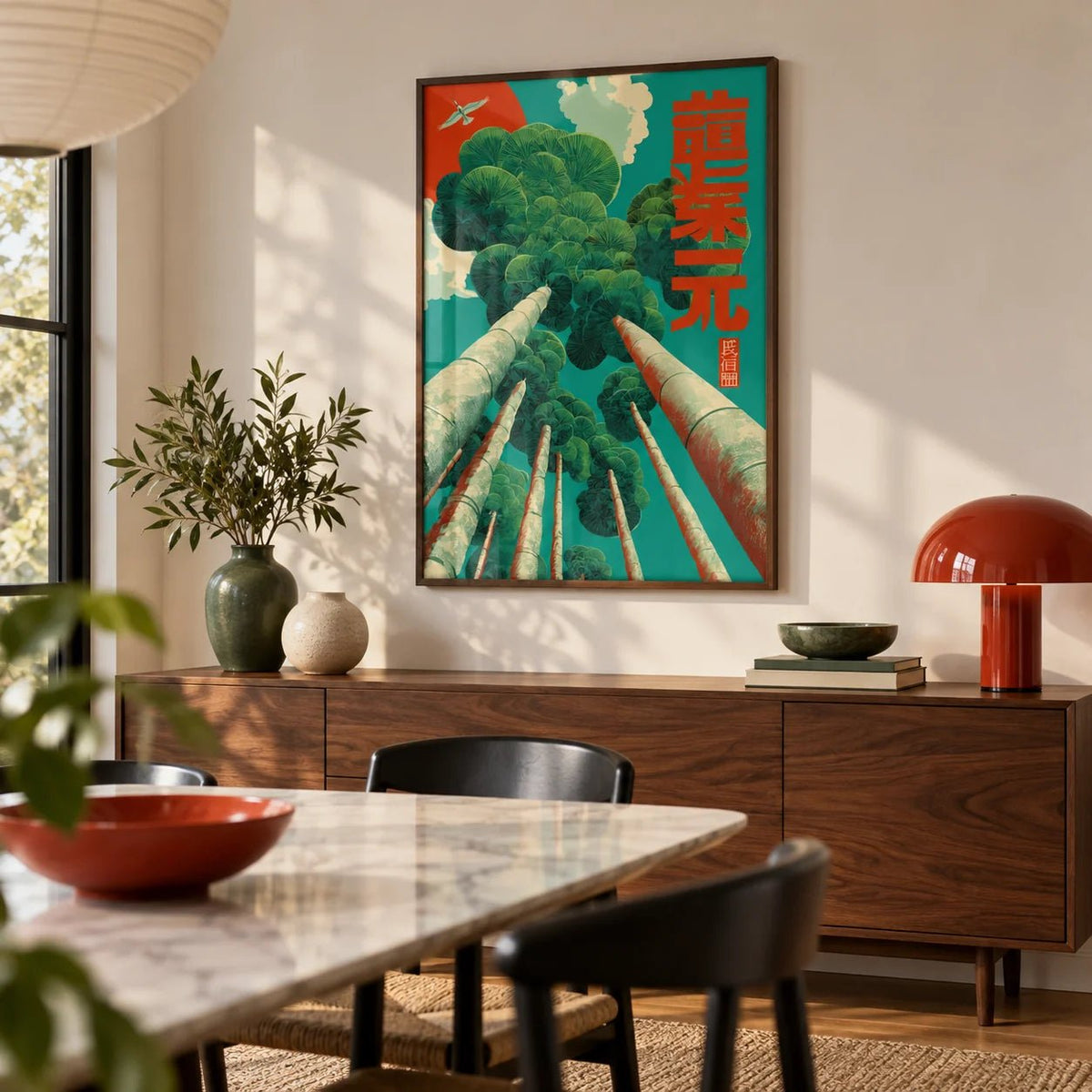 Japanese Tree Poster, framed on the wall of a modern dining room