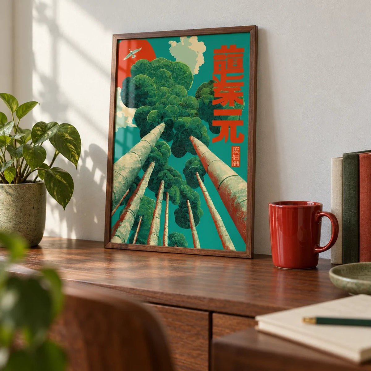 Japanese Tree Poster, a small A4 framed print leaning on a walnut desk