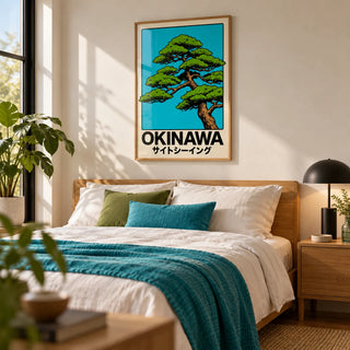 Japanese Tree Print, framed on the wall of a crisp modern bedroom