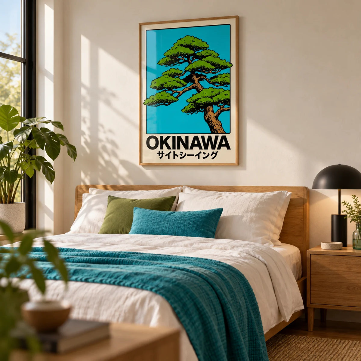 Japanese Tree Print, framed on the wall of a crisp modern bedroom