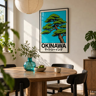 Japanese Tree Print, framed on the wall of a modern dining nook