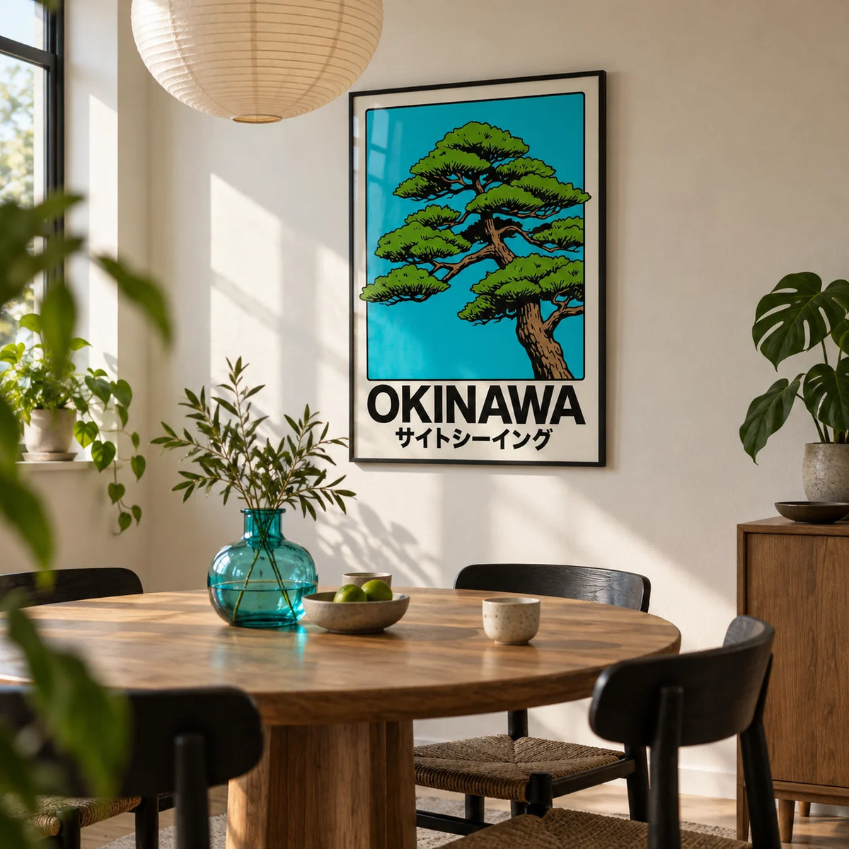 Japanese Tree Print, framed on the wall of a modern dining nook